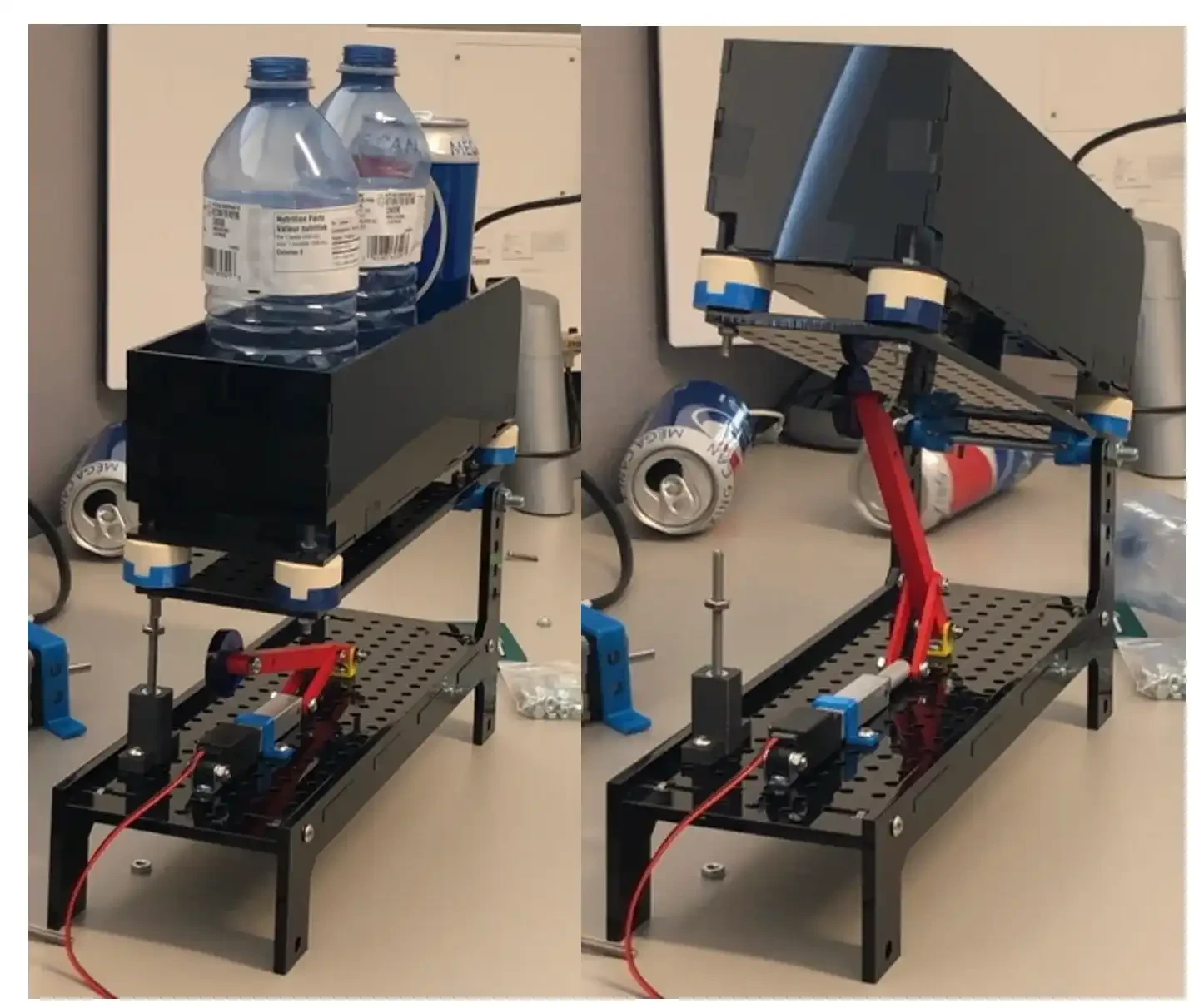 A mechanism. The mechanism consists of two rods, one between a linear actuator and the other rod, and one between the surface the linear actuator is mounted on and a wheel. The wheel touches the hopper bin.