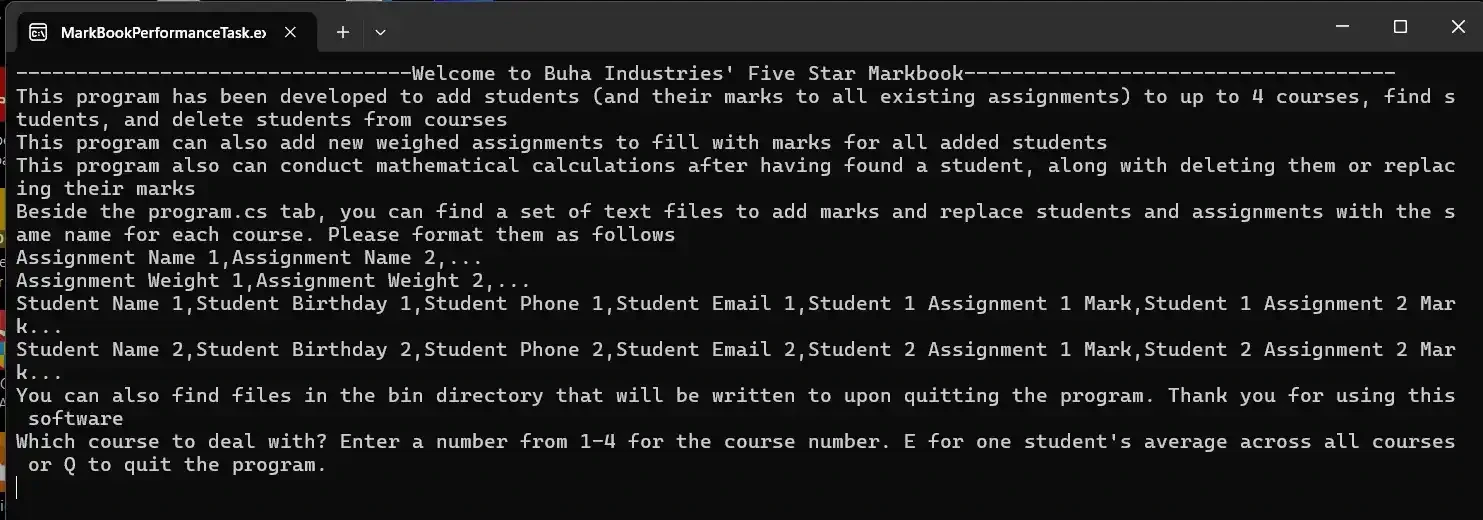 Introduction page to the software, showing the data format and allowing the user to enter a number to go deal with a certain course, or calculate a student's average across their courses.
