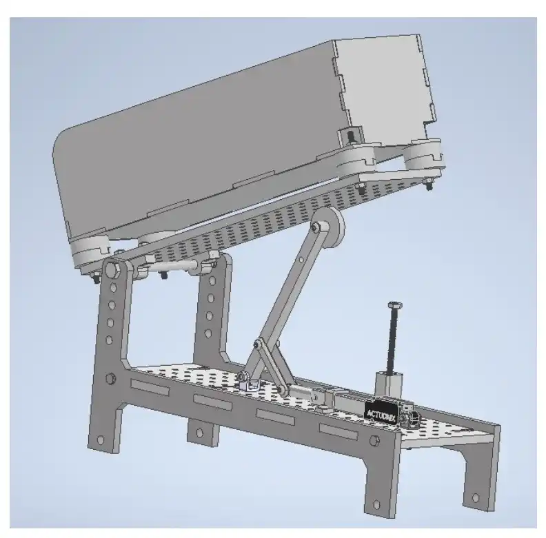 A mechanism in AutoDesk Inventor. The mechanism consists of two rods, one between a linear actuator and the other rod, and one between the surface the linear actuator is mounted on and a wheel. The wheel touches the hopper bin.