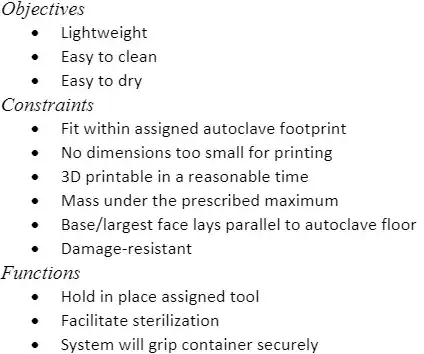 List of objectives and constraints. Objectives include fast, scalable, minimal material waste, minimal cost, durable, easily repairable, accurate sorting, sterile, manufacturable, and safe. Constraints include mechanism attaches to the base plate, attaches to a linear or rotary actuator, attaches to hopper via rung, and the system must not load more containers onto itself than it can fit in its transport vessel.